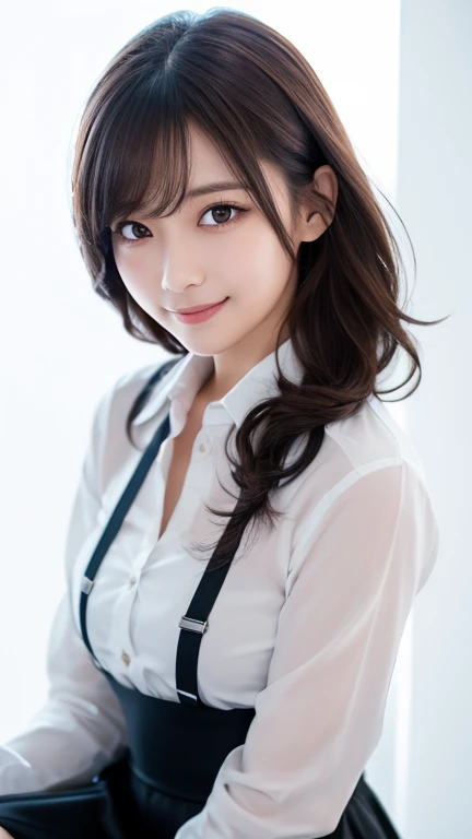 masterpiece, highest quality, 8k, Upper Body, Pale pink shirt, Black pencil skirt, Key High Boots, break, 24.age, Anna_girl, Semi-long hair, Wavy Hair, View Viewer, smile, Ultra-realistic photos, Sharp focus, Face Light, Dynamic Lighting, break, (Simple white background:1.4), break, Real Skin, Symmetrical clear eyes, Iris, Sharp pupils, Realistic students、garter belt