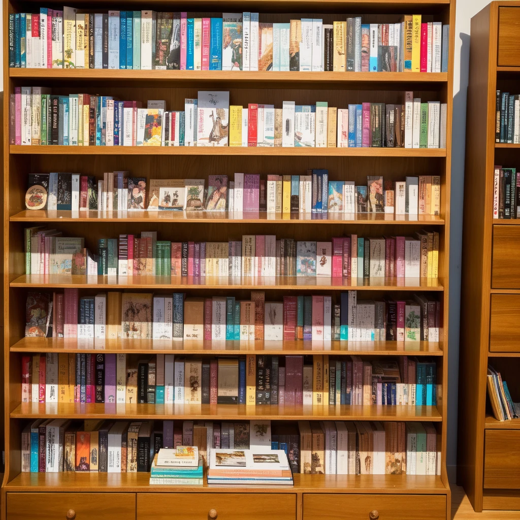 Bookshelf, A book with a vibrant and colorful cover, A shelf with various books neatly arranged, A subtle profile.