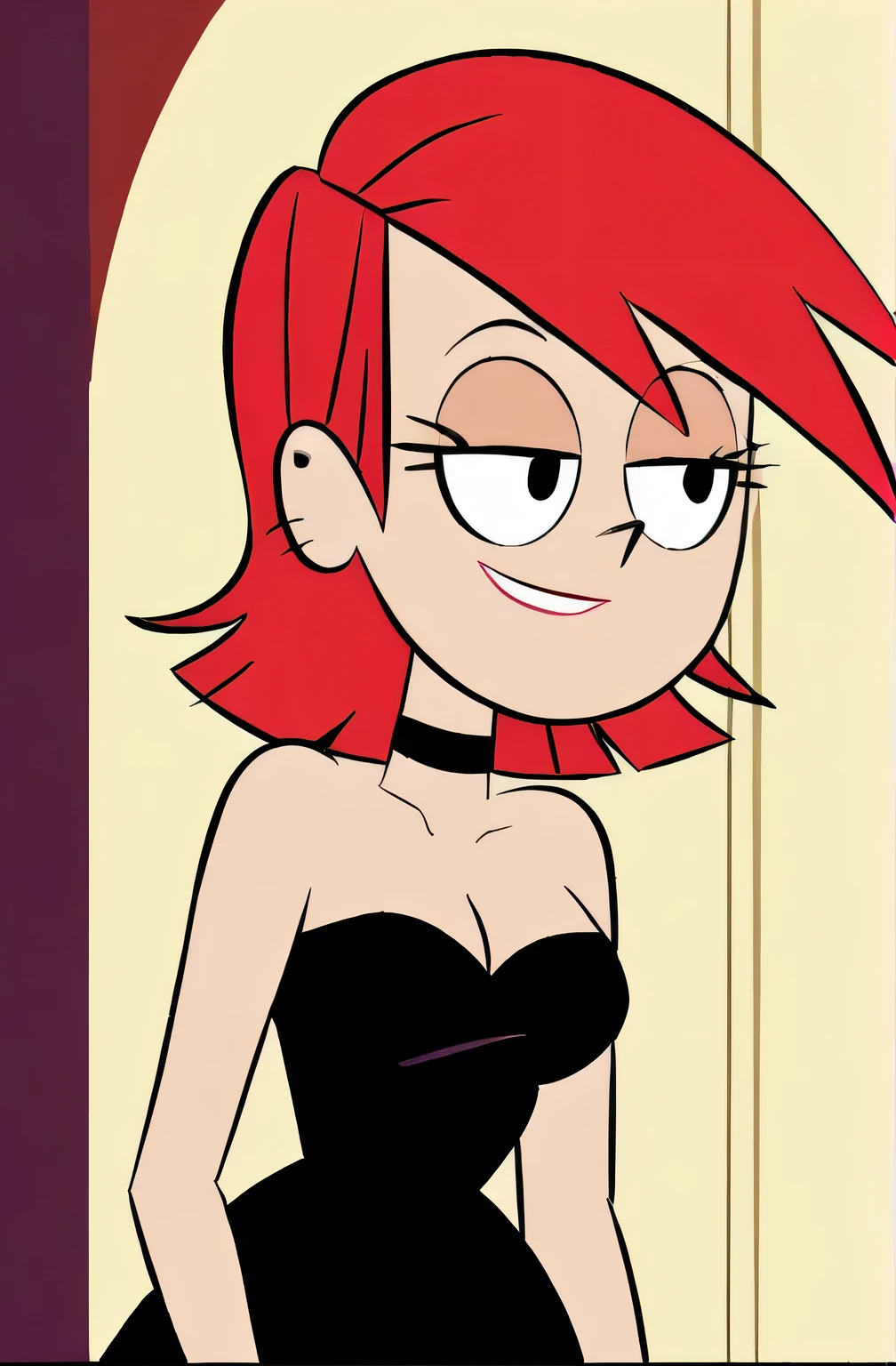 FrankieFoster, red medium hair, red bob hair cut, black eyes, solo, strapless black dress, smug, chocker, beautiful, cleavage, expensive ballroom, looking at viewers, cowboy shot