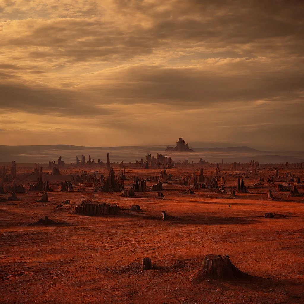 Amidst a vast and desolate wasteland, the remnants of a world that once thrived are evident. The sky, painted in haunting hues of sepia and deep russet, casts a mournful glow upon the landscape below, where skeletal trees devoid of foliage reach upwards as if in a silent plea to the heavens.