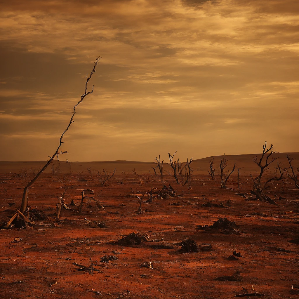 Amidst a vast and desolate wasteland, the remnants of a world that once thrived are evident. The sky, painted in haunting hues of sepia and deep russet, casts a mournful glow upon the landscape below, where skeletal trees devoid of foliage reach upwards as if in a silent plea to the heavens.