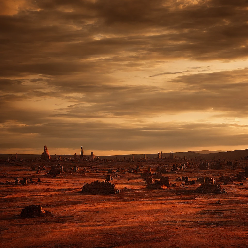 Amidst a vast and desolate wasteland, the remnants of a world that once thrived are evident. The sky, painted in haunting hues of sepia and deep russet, casts a mournful glow upon the landscape below, where skeletal trees devoid of foliage reach upwards as if in a silent plea to the heavens.