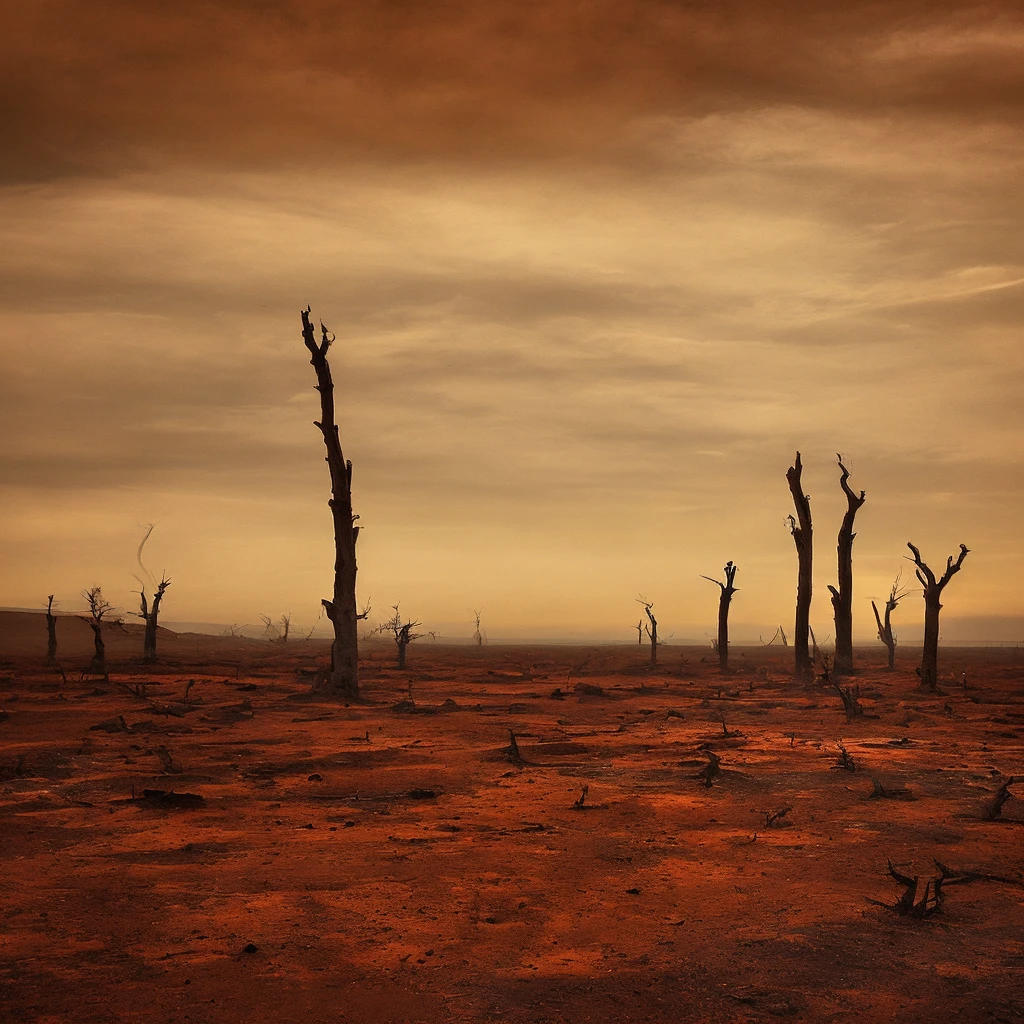 Amidst a vast and desolate wasteland, the remnants of a world that once thrived are evident. The sky, painted in haunting hues of sepia and deep russet, casts a mournful glow upon the landscape below, where skeletal trees devoid of foliage reach upwards as if in a silent plea to the heavens.