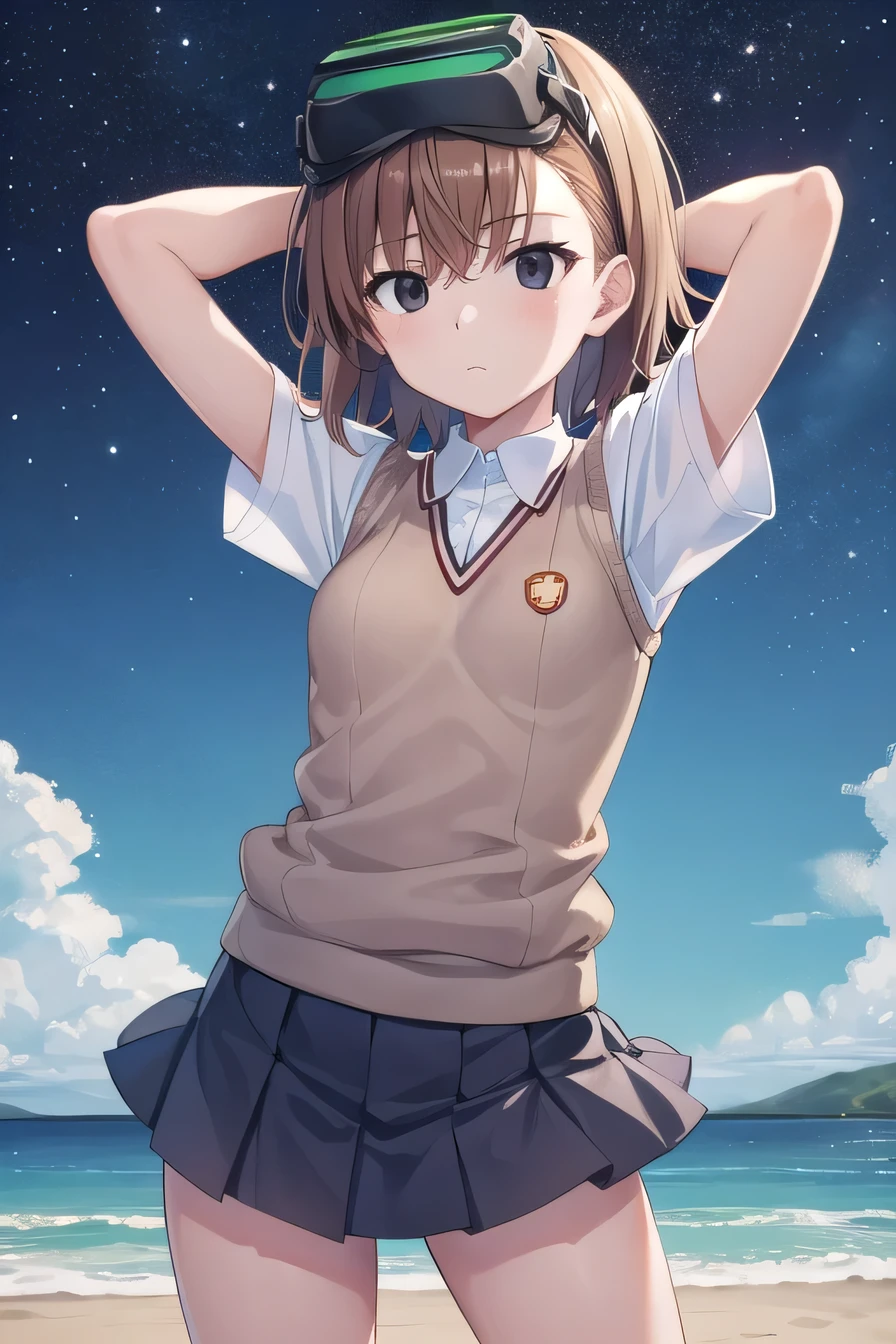 misaka imouto, short hair, brown hair, black eyes, empty eyes, goggles, goggles on head, head-mounted display, , sweater vest, shirt, skirt, white shirt, pleated skirt, v-neck, short sleeves, tokiwadai, solo, night sky, beach, arms behind head, contrapposto, spread armpits, closed mouth, (cowboy shot:1.5), looking at viewer, sexy,