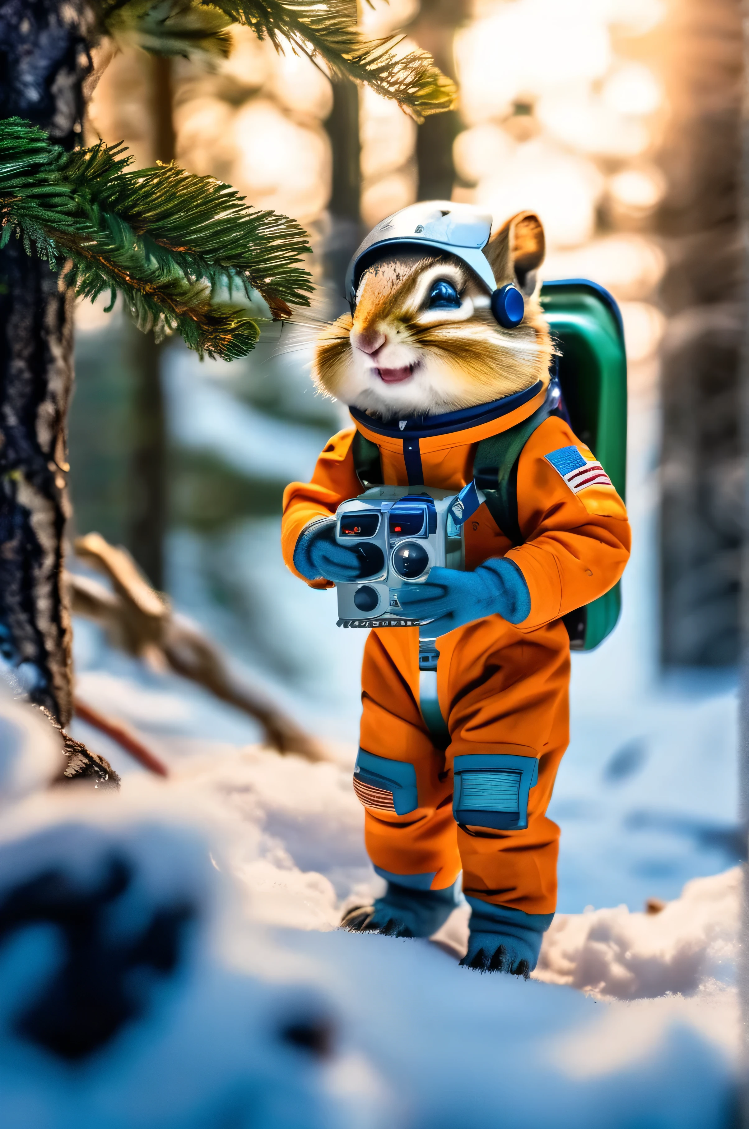 RAW Photos, delicate, highest quality,Hyper Detail, In detail, 8k, 32k, masterpiece,(Ultra-high resolution:1.2),Chipmunk in a spacesuit、Take a helmet、The mission to the moon is ready, In the snowy forest、Cloudy Trees々and crunchy, cold,Hide in burrows and tree holes,Rim Light
