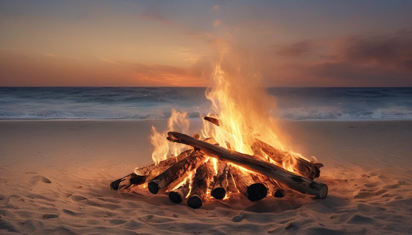 hyperrealistic art a bonfire on a beach at sunset, extremely high-resolution details, photographic, realism pushed to extreme, fine texture, incredibly lifelike, cinematic epic 4 detailed