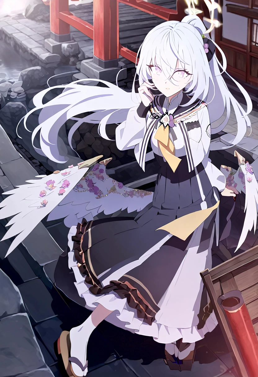 azusa \(blue archive\), silver_hair,purple_eyes,2_white_wings,halo,beautiful_hair,beautiful_eyes,beautiful_wings,1_beautiful_girl,cute_face,beautiful_face,beautiful,best_quality,good_anatomy,red_hakama,white_japanese_tops,geta,ponytail,red_ribbon,japanese_shrine,very_deep_fog,torii,best_quality,beautiful