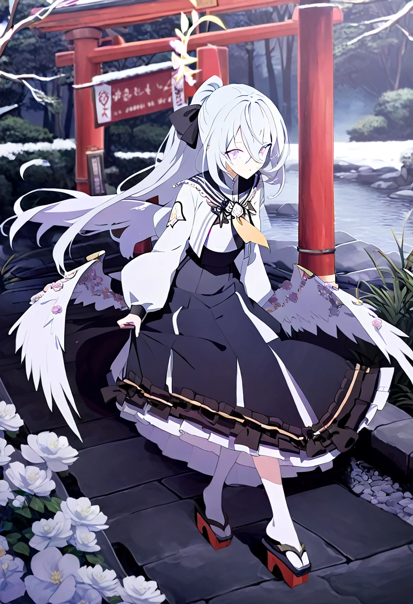 azusa \(blue archive\), silver_hair,purple_eyes,2_white_wings,halo,beautiful_hair,beautiful_eyes,beautiful_wings,1_beautiful_girl,cute_face,beautiful_face,beautiful,best_quality,good_anatomy,red_hakama,white_japanese_tops,geta,ponytail,red_ribbon,japanese_shrine,very_deep_fog,torii,best_quality,beautiful