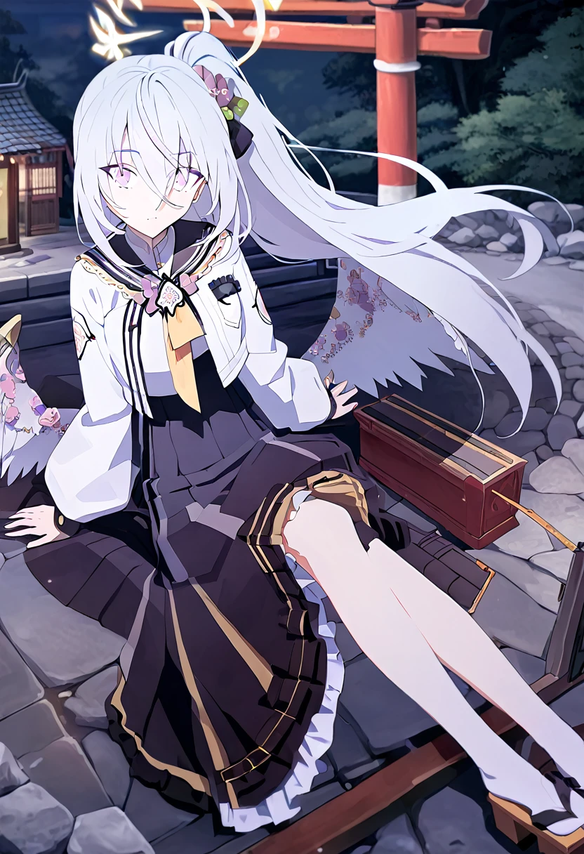 Highest quality, masterpiece,White Hair, Purple Eyes, Purple kimono, Exposing shoulders, ,Fair skin, Long Hair, Long Bangs,  Small breasts, Confused eyes, snow, sexy, Cemetery, Cross Grave, jitome, Leg lift, stretching, half closed eyes, Off Shoulder