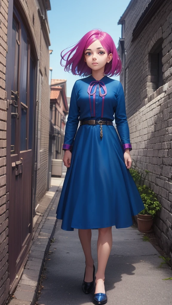 Chica con pelo azul y vestido rosa en un reino, brave man whose dream is to explore beyond known limits and discover a new horizon.