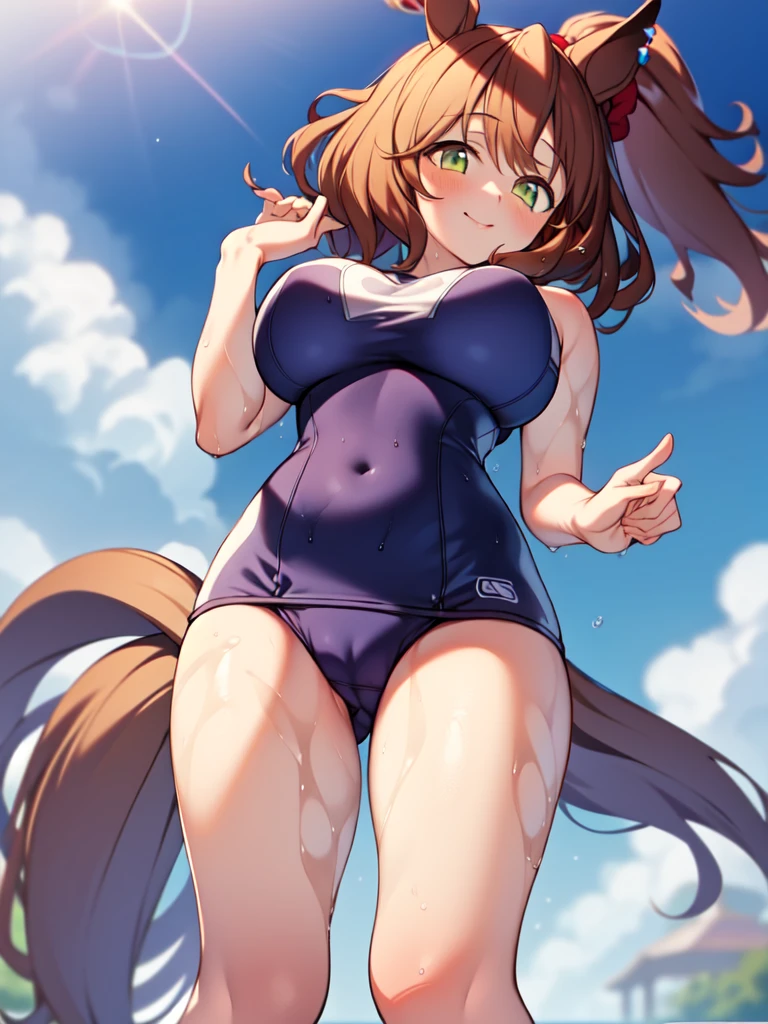 masterpiece, best quality, detailed, highly detailed, ultra detailed, extremely detailed CG, high resolution, 4K, 1girl, solo, aston machan \(umamusume\), big breasts, standing, from below, school swimsuits, wet, cameltoe,