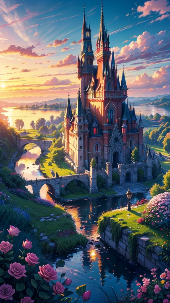 a big castle on a lake nostalgic clouds sunset and a lot of plants a flowers, golden hour roses and pink