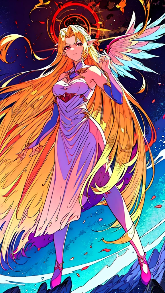 Fairy girl with wings and a fire orb in hand, red ring in finger, Classic Long Dress, Fairy Wings, Red eyes and Blonde Hair, Golden Hair, Serious face, detailed hands, magic, arcane powers, RPG Character, pointy ears, look serious, casting a spell, walking in nature, horizon behind, city, fire, 4k, full hd, detailed image, high quality image