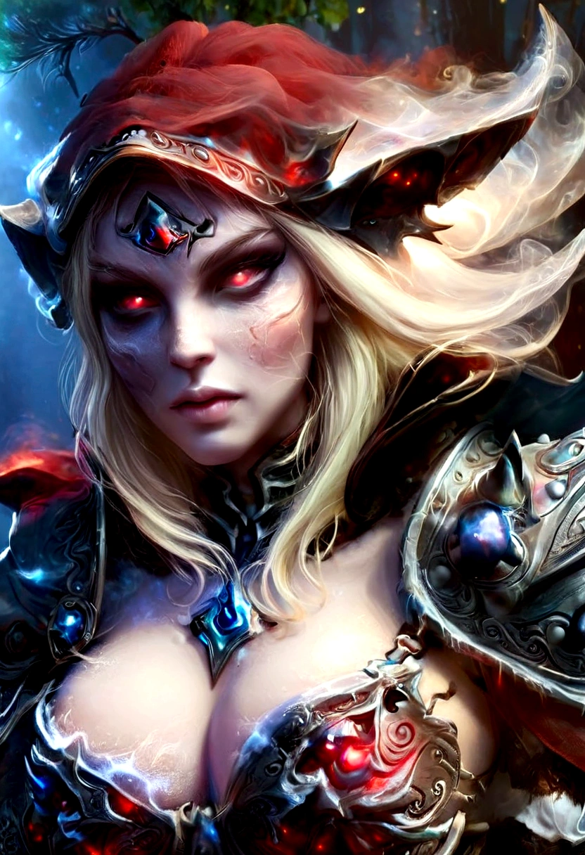 red eyes, sylvanas_windrunner, sylv-lora, 1girl, elf, bikini armor, solo, breasts, armor, pointy ears, hood, undead, colored skin, glowing eyes, large breasts, blue skin, cleavage, quiver, shoulder armor, blonde hair, masterpiece, best quality, focus_face, close-up,