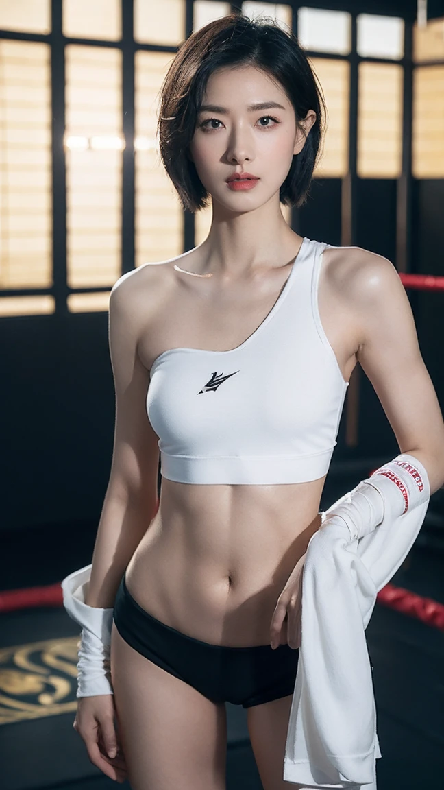 (masterpiece), best quality, expressive eyes, perfect face, Thailand MMA girl, killer, tanned, (masterpiece), best quality, expressive eyes, perfect face, 1girl, beautiful face, Beauty of beauty, (shinny skin, bob cut with movement), black eyes, eyebrows, Looking at Viewer, red polyester bodysuit, yandere look, bloodthirsty expression, standing in frustration, Black hair, (large swaying chest, A slender,), full body, bandage wrapped legwear, muscles, collarbone, slim waist, slim athletic build, Studio Lighting, Muaythai headband, bandage MMA gloves, Sweating, underworld fighting room, Thai face, knee pads, MuayThai, perfect anatomy, bandaged foot, feet, MMA shorts, solo, cum inside, sperm inside, wet shorts, ID card, Her Name, Thai language