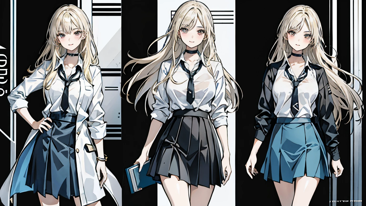 masterpiece, highest quality, whole body, One girl, bangs, black choker, black tie, Blonde Hair, blue skirt, blush, bracelet, chest, choker, clothes The surrounding area waist, clavicle, Collared shirt, Eyebrows visible through hair, Gradient Hair,tie, mini skirt, smile, alone, White shirt, street, null, fashionable, woman, Vibrant, Costume, Pause, front, colorful, dynamic, background, element, have confidence, Performance, Holding, statement, accessories, Majestic, Coiled, The surrounding area, touch, scene, article, cover, bold, to attract attention, title, stylish, font, Catchy, Heading, big, impressive, Modern, trend, concentrated, fashion,Owns a book,One Woman