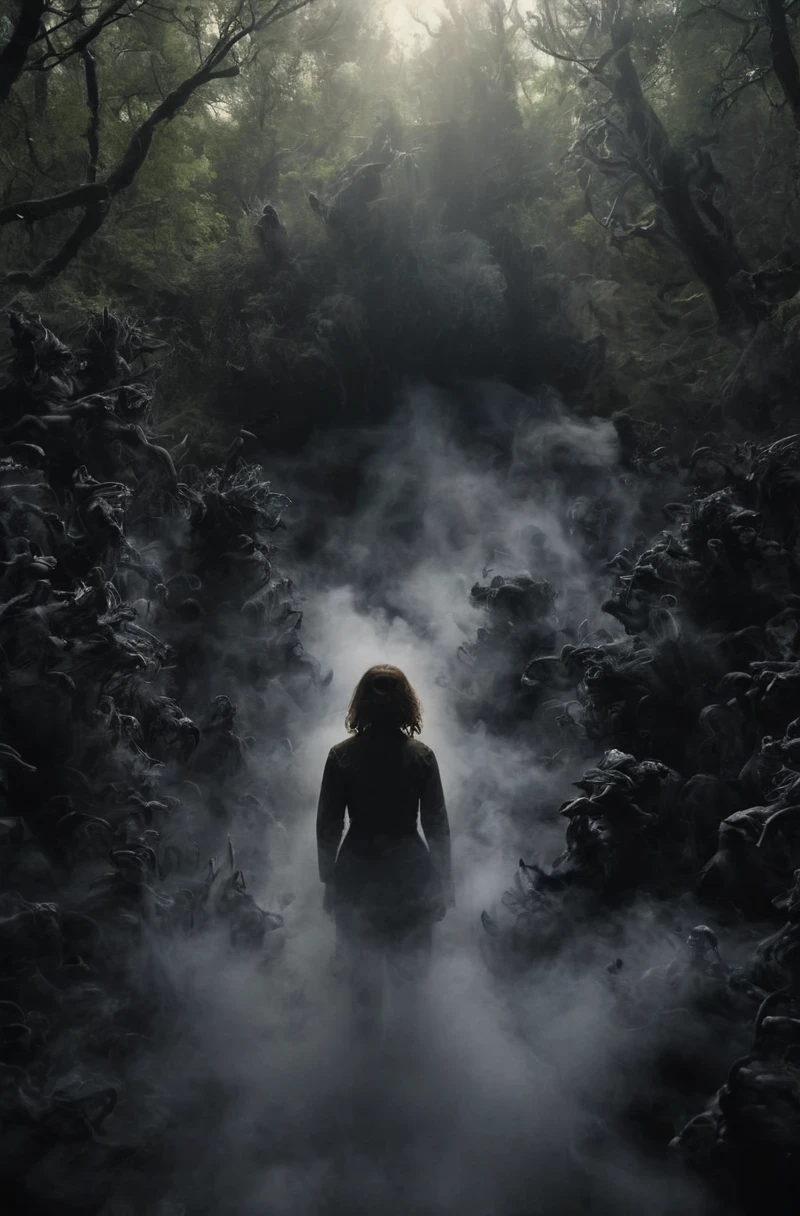 Engulfed By black, Deep in the forest a girl stands surrounded by ghosts, lovecraftian, horror, still from the movie "the thing" 