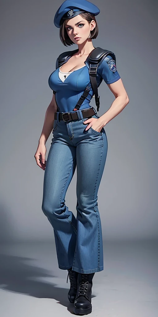 Jill Valentine, masterpiece, best quality, 1girl, solo, standing, jillre1, beret, uniform, shoulder pads, short sleeves, harness, belt, bell-bottom blue pants(Wide flares on pants:1.2), cleavage, black combat boots, full body, perfect blue eyes, perfect red mouth,