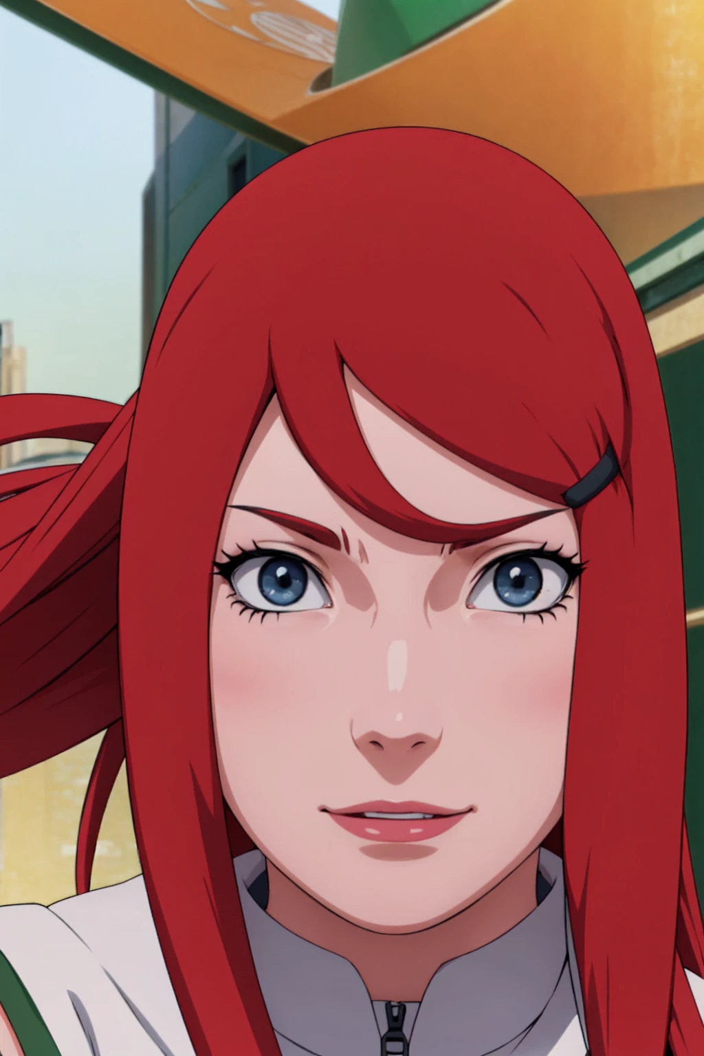 a close up of a person with long hair and a green and white dress, uzumaki kushina, uzumaku kusgiba from anime naruto shippuden, as an anime character, perfect anime face, she has red hair with bangs, female anime character, anime character, anime best girl, hime cut hairstyle, red hair, (red glossy lips:1.3), blue eyes, smile, big , realistic, ultra detail, city background, (beautiful face:1.3) angry