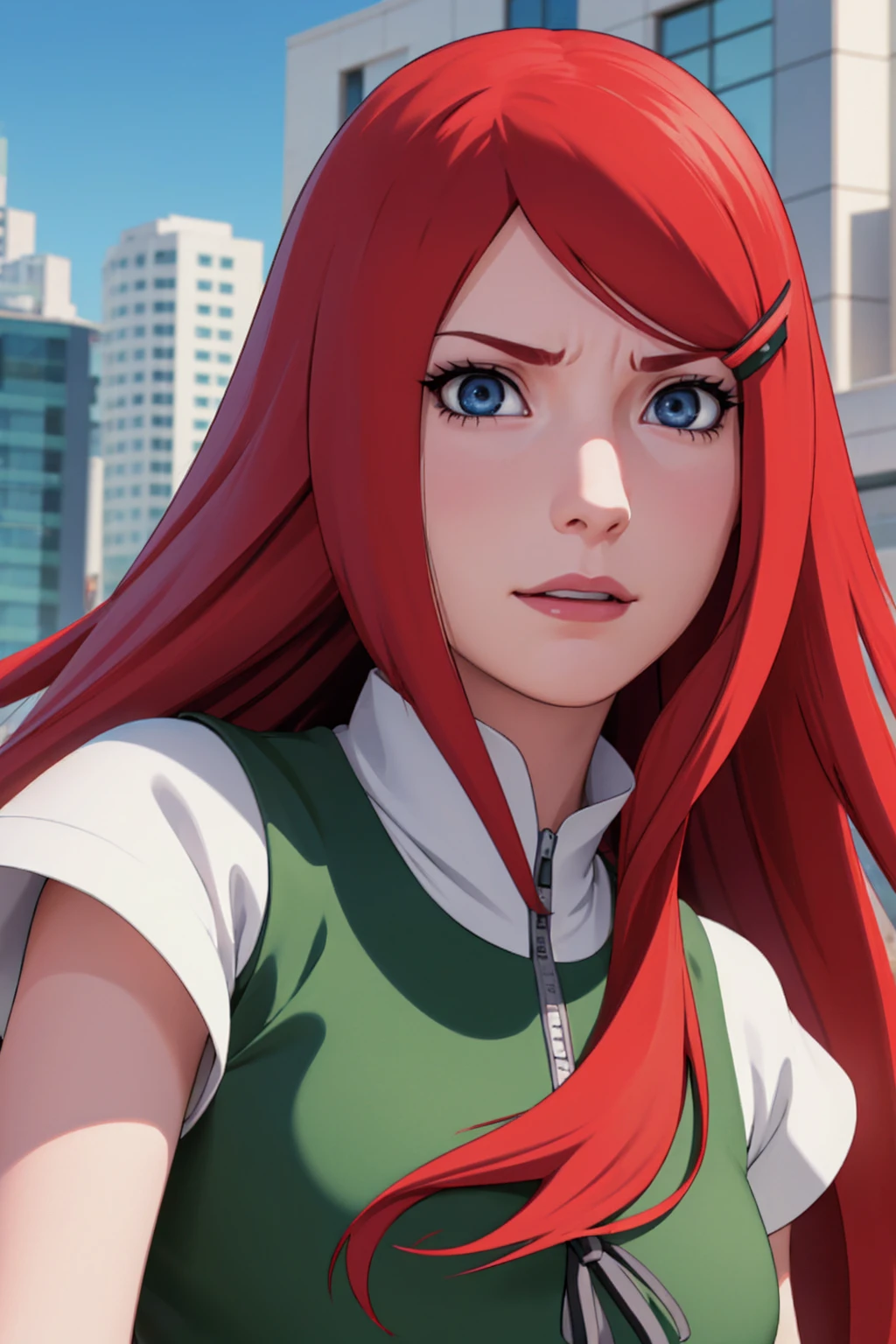 a close up of a person with long hair and a green and white dress, uzumaki kushina, uzumaku kusgiba from anime naruto shippuden, as an anime character, perfect anime face, she has red hair with bangs, female anime character, anime character, anime best girl, hime cut hairstyle, red hair, (red glossy lips:1.3), blue eyes, smile, big , realistic, ultra detail, city background, (beautiful face:1.3) angry