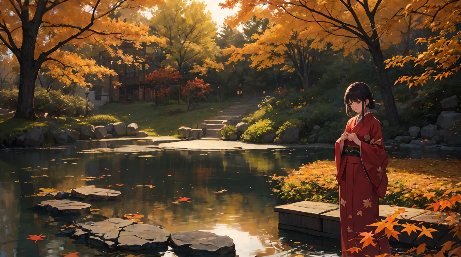 "It depicts an enchanting evening scene depicting a tranquil pond bathed in the hues of fiery autumn foliage.。. The composition is、The maple leaf and the prominent features of the nearby majestic maple tree should be highlighted.。. In the foreground, A Japanese woman in her 40s is standing gracefully, Dressed in a bright red kimono. The kimono accentuates her elegance., Her beauty shines in the moonlight. She has a timeless charm, Capturing the Essence of the Season. A woman looks at a sparkling pond, Autumn leaves reflected on the water surface. Her expression is one of calm contemplation., Immerse yourself in the quiet beauty of the night. A magnificent maple tree is depicted in the background., Branches decorated with shiny leaves that seem to catch the moonlight.. The pond reflects a fantastic scene, Enhance the charm of the moment. The overall configuration is、It should exude a sense of serenity and reverence for natural beauty.。. In this enchanting autumn landscape、Let the enchanting beauty of the woman and the brilliance of the autumn leaves take center stage.。."