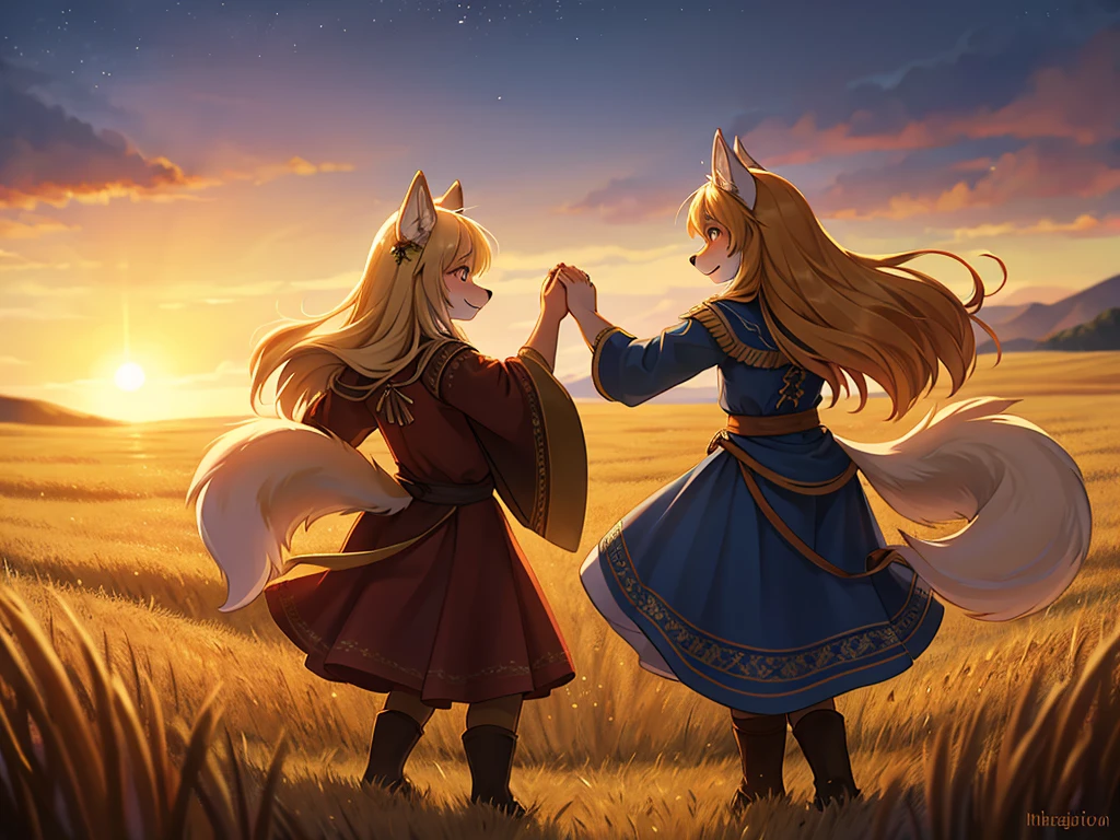 Hallucination, daydream , nightmare , bokeh , Wolves dancing in a sea of golden wheat , sun set , dancing blur , Clothing of peasant women in medieval Europe
