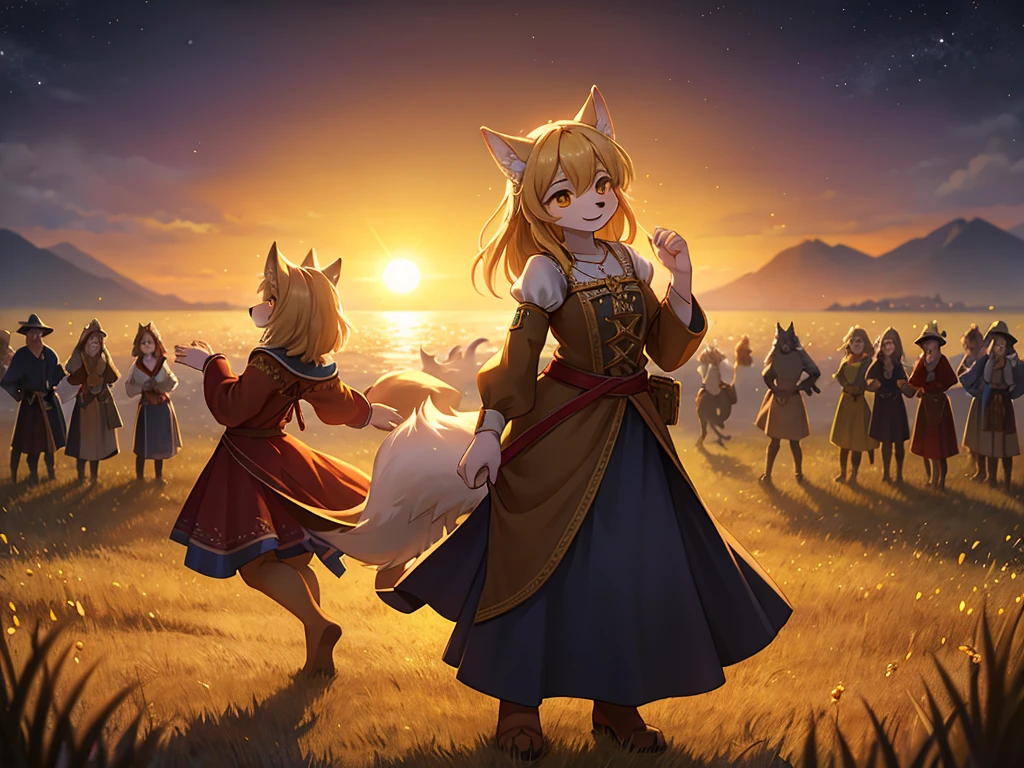 Hallucination, daydream , nightmare , bokeh , Wolves dancing in a sea of golden wheat , sun set , dancing blur , Clothing of peasant women in medieval Europe