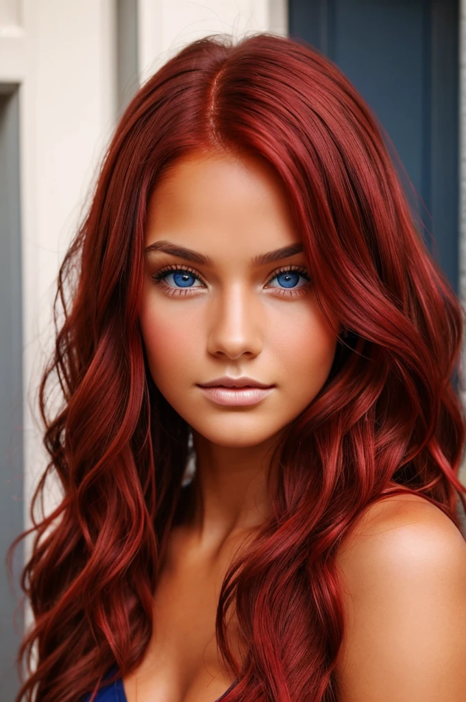 a beautiful young woman with tanned skin, long, wavy crimson red hair and dark blue eyes