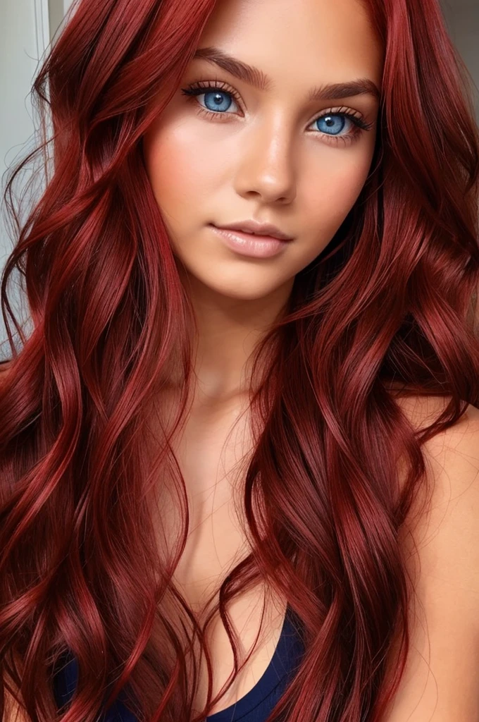 a beautiful young woman with tanned skin, long, wavy crimson red hair and dark blue eyes