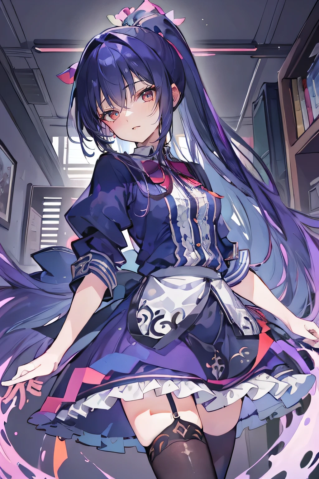 (best quality:1.3), (masterpiece:1.3), (illustration:1.3), (ultra-detailed:1.3), (imid shot:0.9), 1girl, medium breasts, purple eyes, (((dark blue hair))), hair ornaments, young, outfit-gladiia, long hair, dark blue hair, indoors, black shorts, thigh-highs, low ponytail, expressionless, upper body, close up, coat, skirt,