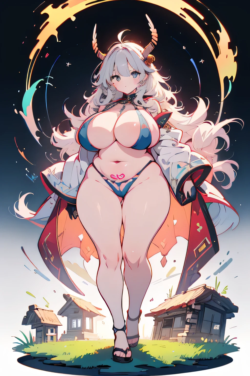 Anime illustration、Anime Style、High resolution、Fantasy、Focus on people、White background、Grass circular pedestal、The extreme costumes of the hunting tribes、Half naked、A dark-skinned, plump girl shaman、Full body tattoos、Perfect proportions、Cowboy Shot、Very large breasts