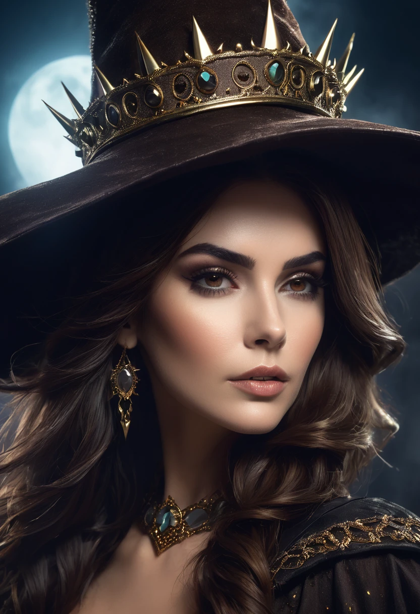 a beautiful woman brown hair queen WITCH WITH A hat and Spikes crown the Style-RustMagic, Aum, (atmosfera escura:1.2), (Mist & smoke), (noite escura:1.3), Cicatrizes, (shaggy medium length dark hair:1.1), (sombra:1.1), (brilho lindamente detalhado:1.2), (cinematic lighting), detalhe intrincado, high resolution,
