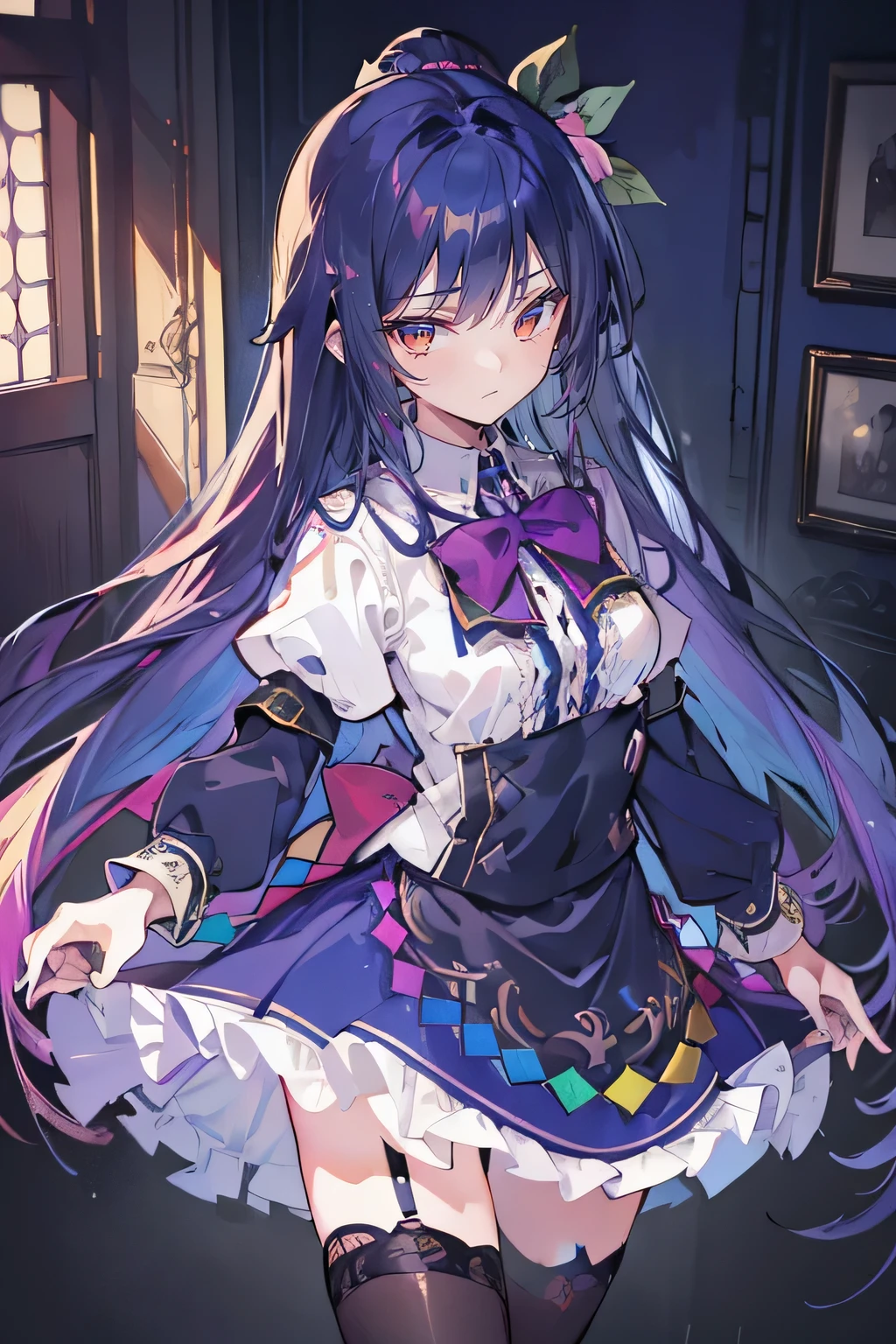 (best quality:1.3), (masterpiece:1.3), (illustration:1.3), (ultra-detailed:1.3), (imid shot:0.9), 1girl, medium breasts, purple eyes, (((dark blue hair))), hair ornaments, young, outfit-gladiia, long hair, dark blue hair, indoors, black shorts, thigh-highs, low ponytail, expressionless, upper body, close up, coat, skirt,