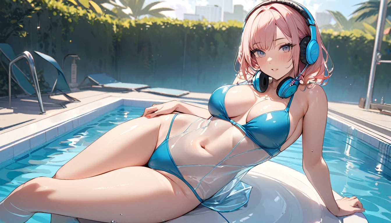 ((Top Quality)), ((Masterpiece)), ((Detail)), Perfect face, Perfact bodty, sitting on the swmming pool, listening to music, wearing headphones, wearing swimsuits, swimsuits are transparent, legs open Sitting wide open, wearing tight clothing (yes, buttocks and breasts are exposed). I see a face, one women