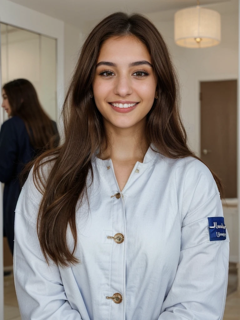 one cute women, 20YO, white, Arab, cute face, realistic brown eyes, blue jacket, brown hair, cute smile, skinny face, white realistic teethes, big eyes, long hair, Jordan in the background