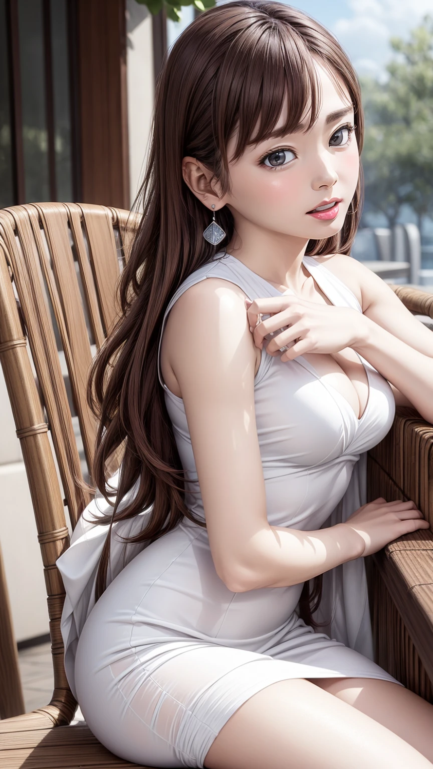 8K quality、High resolution、Realistic skin texture、High resolutionの瞳、A dignified woman、Princess Hair、thin、Small and young breasts、Realistic tongue、Beautiful cleavage、Brown Hair、美しくthin脚、Sweating profusely、Sweat accumulates in the chest、Cafe terrace in the evening、Shooting from the side、wedding guest clothes、Sit on a chair