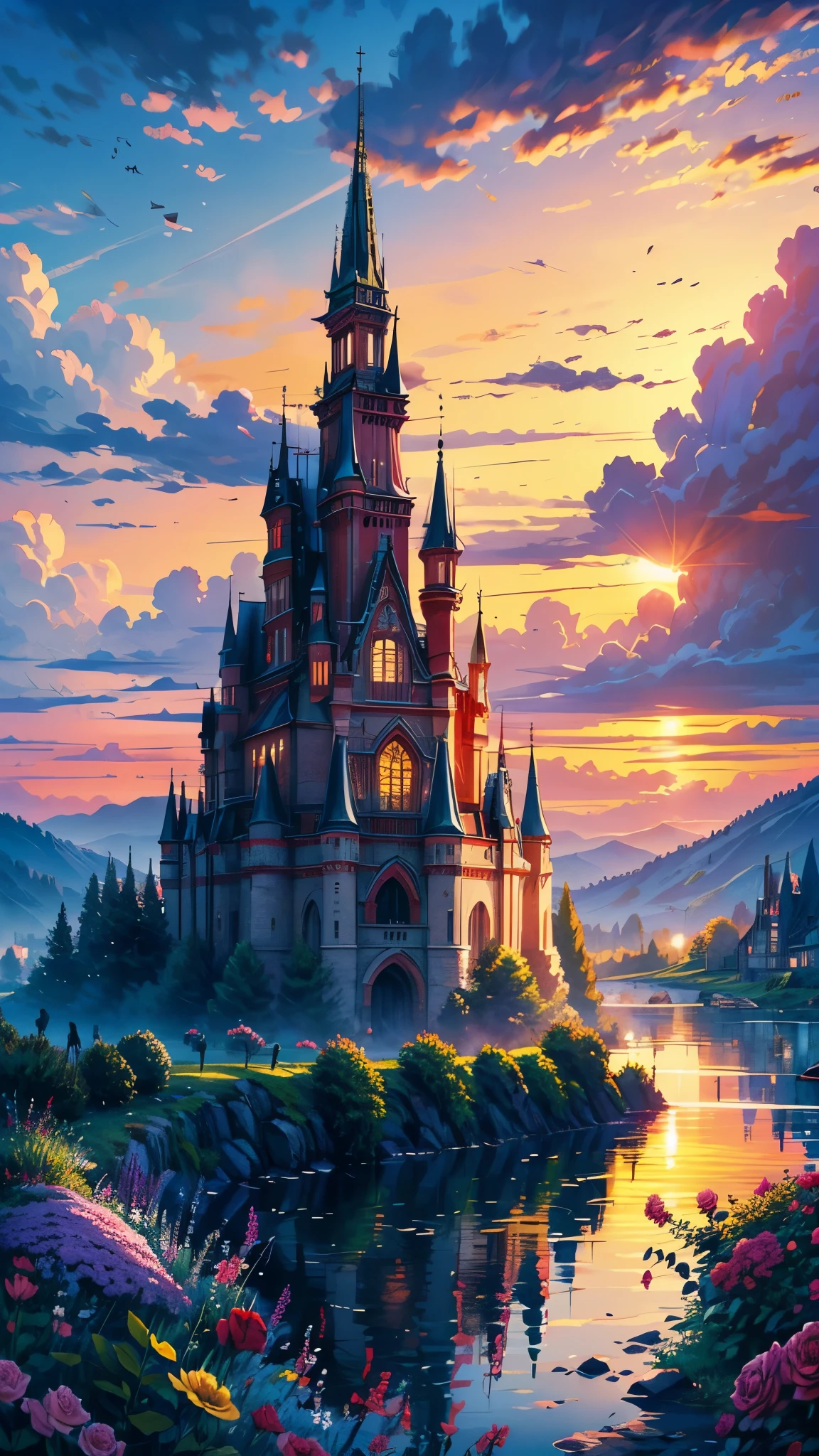 a big castle on a lake nostalgic clouds sunset and a lot of plants a flowers, golden hour roses and pink