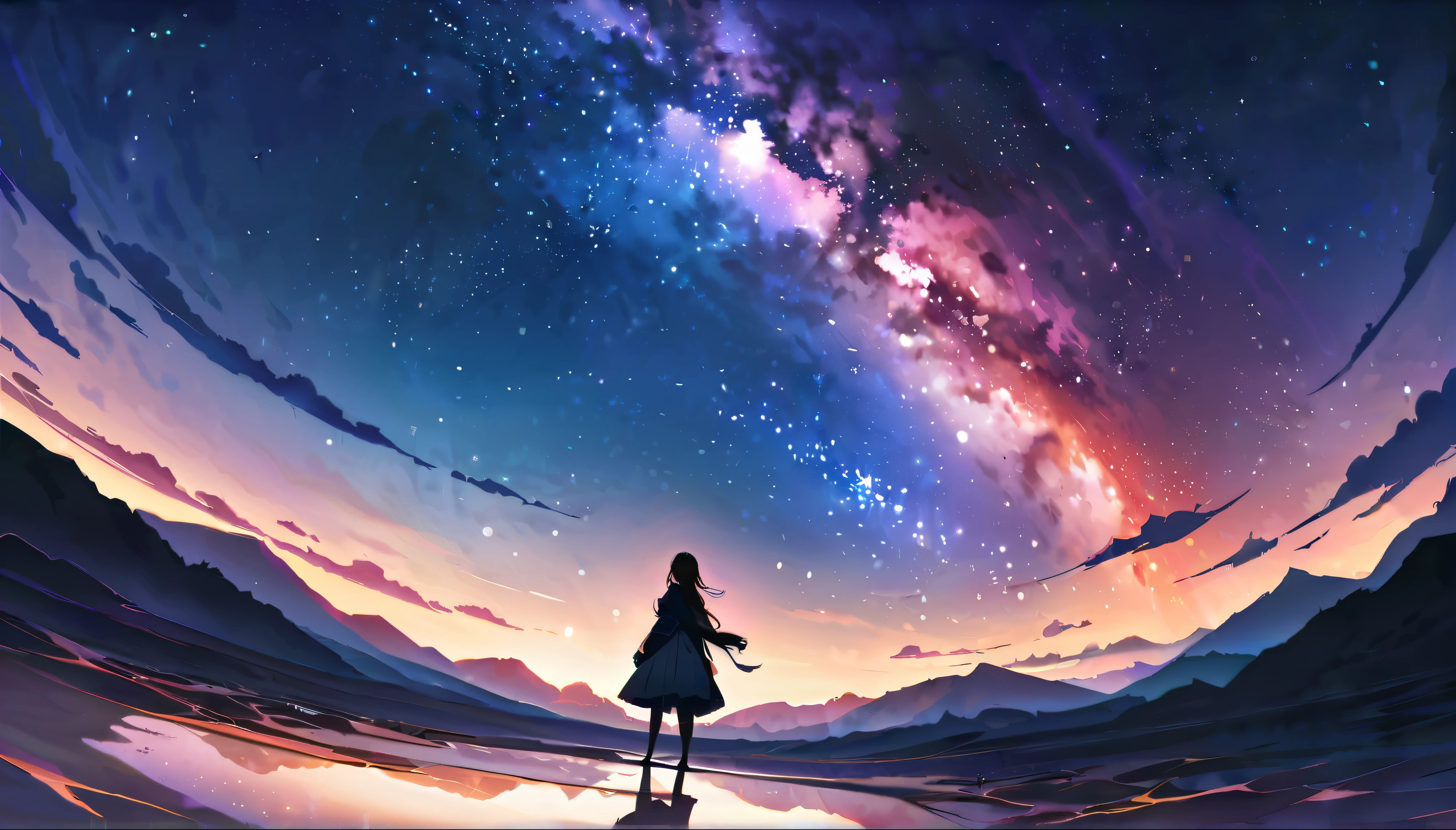 Official Art, Integrated 8K wallpapers, Very detailed,  masterpiece, Best image quality，Ultra Wide Angle，night，woman，Standing by the salt lake，water is like a mirror，Reflecting the sky,Looking up at the sky，The Milky Way is in the sky，Dynamic Angle, Grace, Bright colors