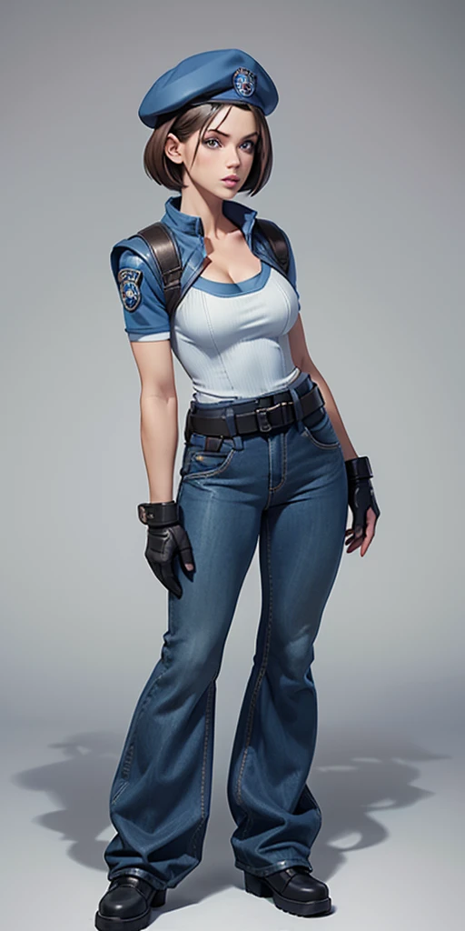 Jill Valentine, masterpiece, best quality, 1girl, solo, standing, jillre1, beret, uniform, shoulder pads, short sleeves, harness, belt, bell-bottom blue pants(Wide flares on pants:1.2), cleavage, black combat boots, full body, perfect blue eyes, perfect red mouth,
