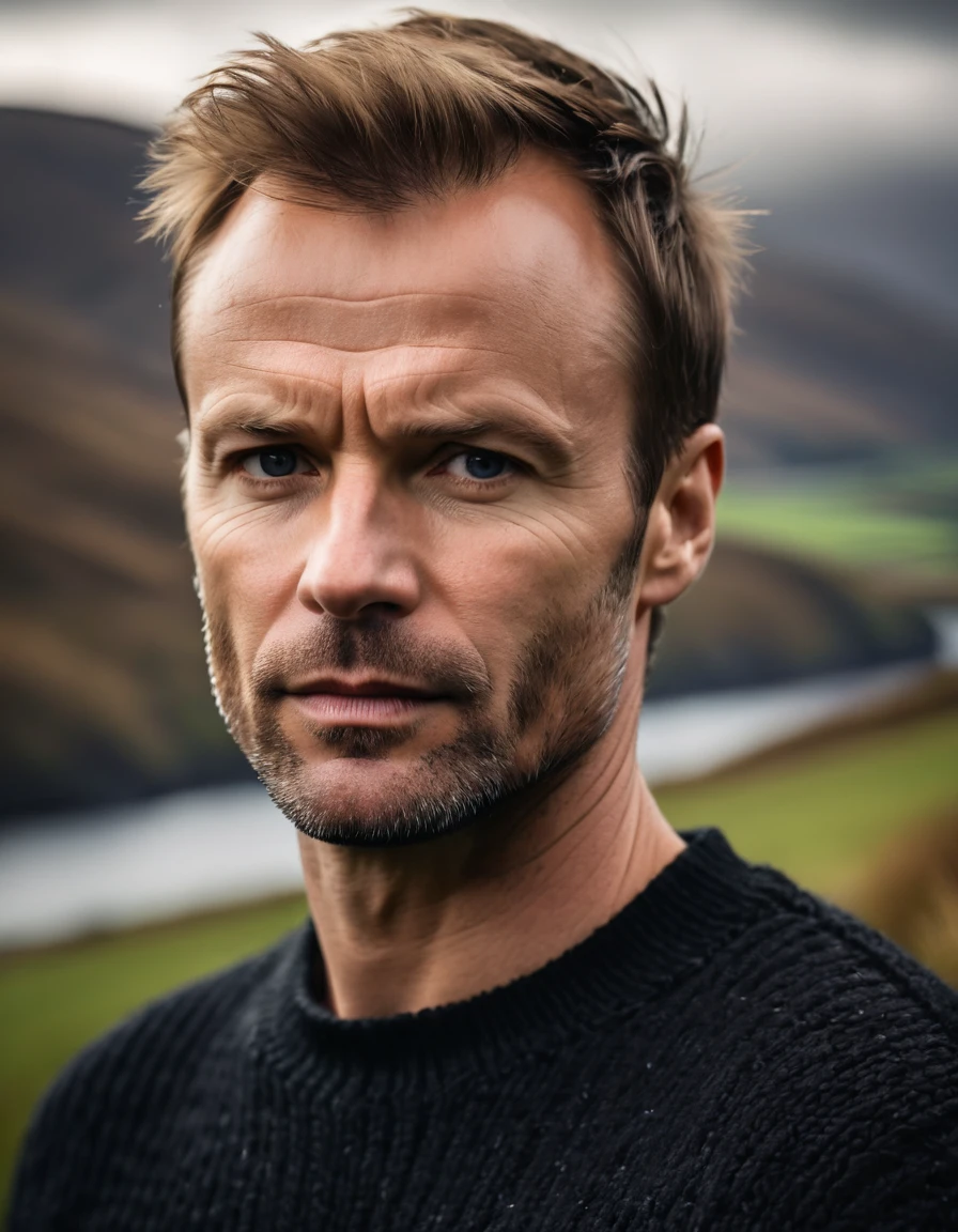 professional photo, closeup portrait photo of 30 yo british [man:Sting:0.1], wearing a black sweater, serious face, dramatic lighting, nature, gloomy, cloudy weather, bokeh