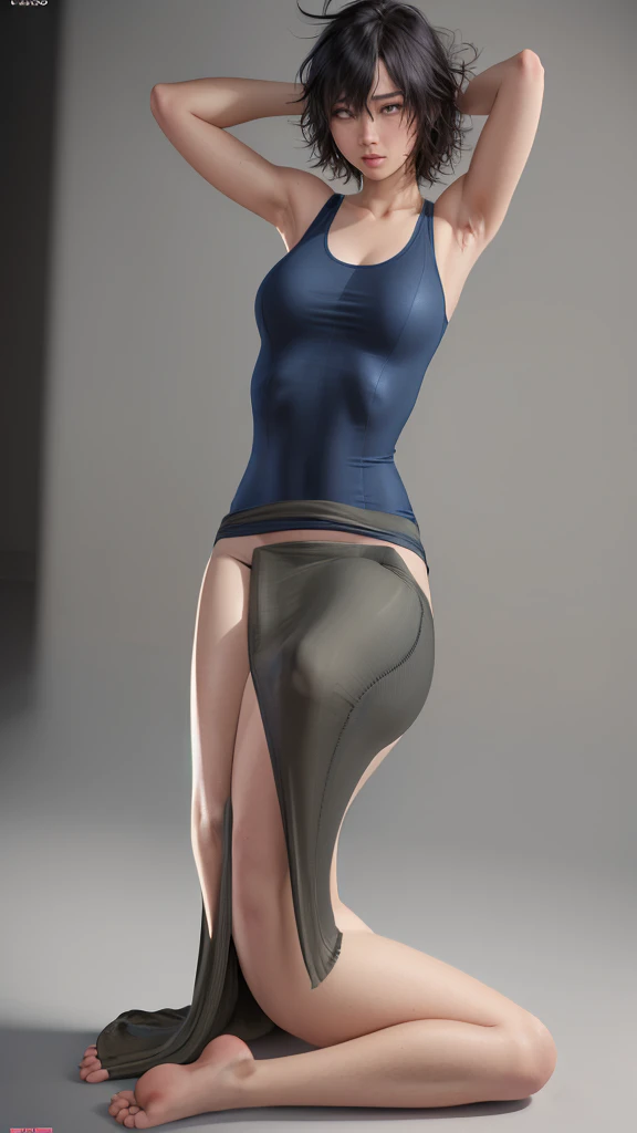 (ultra realistic, highly detailed:1.4), best quality, masterpiece
girl, tall asian woman, androgynous, gray tank top and panties, sitting in lotus position, barefoot, bedhead, hands behind head, flat chest, ((longtorso, ltso):1.4), tall