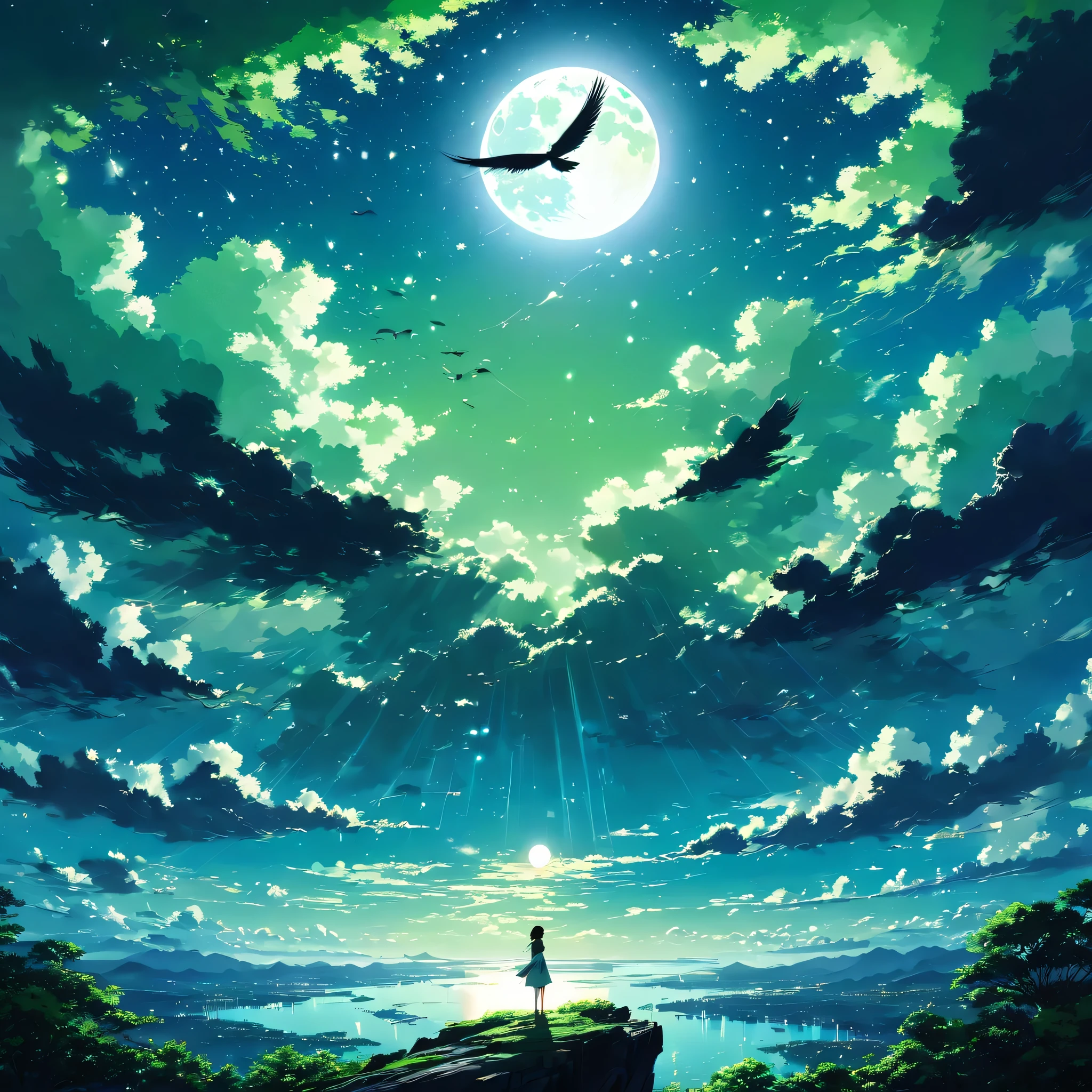 moon, Full moon, moon light, Sky, Night Sky, star, Countless, Sparkling, green, blue, black, darkness, cloud, wing, White bird, bird, fly, Flapping wings, silhouette, free, mysterious, Fantasy, beautiful, Silence, hope, dream, Romance,beautiful Anime Scenery, Landscape painting, Beautiful digital painting, Andreas Rocha, Beautiful artwork illustration, Awesome Wallpapers, Raymond Han, tall beautiful painting, Studio Greeble Makoto Shinkai, Beautiful Wallpaper, Anime Scenery