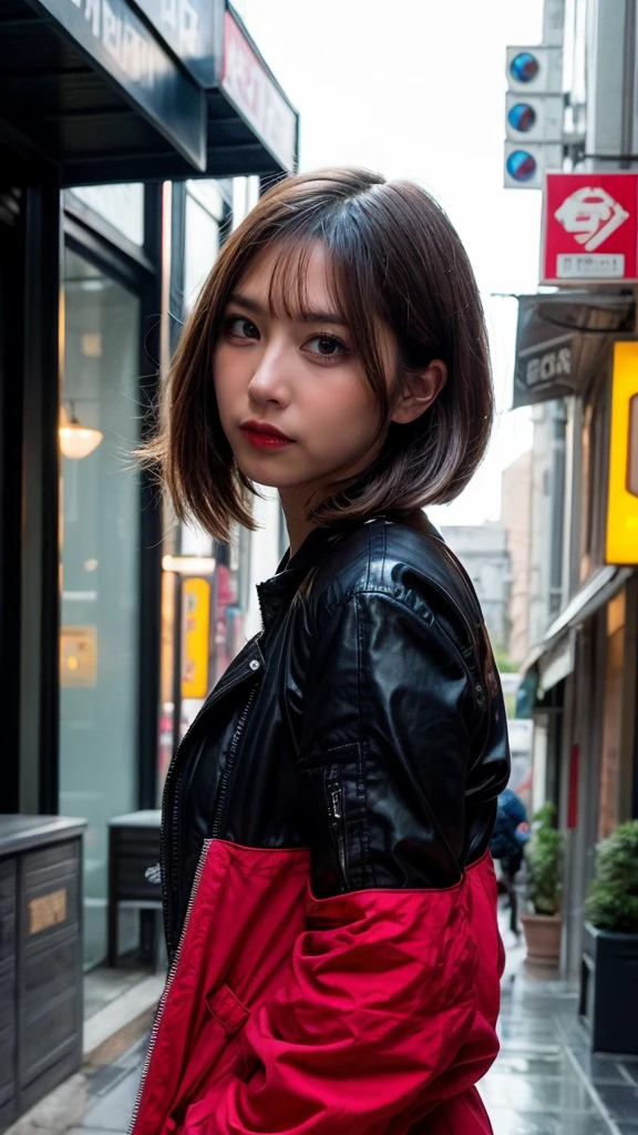 1 Japanese girl, warframe, complex pattern, heavy metal, energy line, faceless, shining eyes, elegant, intense, blood red and black uniform, bob cut hair、Alone, modern, city, street, dark clouds, thunderstorm, heavy rain,, dramatic lighting,, (masterpiece:1.2), highest quality, High resolution,   beautiful, very detailed, perfect lighting, kill、Infiltration、assassination、