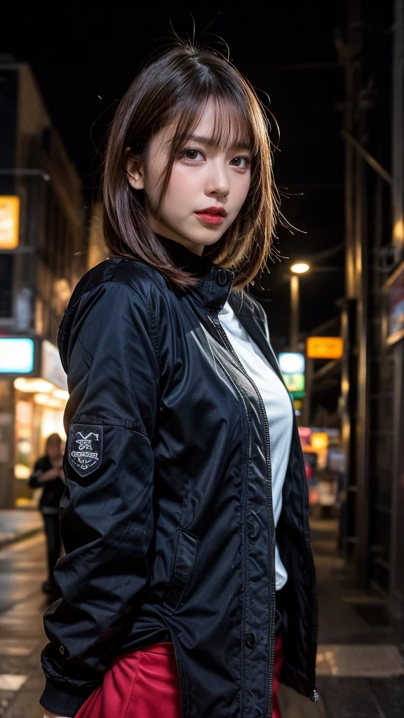 1 Japanese girl, warframe, complex pattern, heavy metal, energy line, faceless, shining eyes, elegant, intense, blood red and black uniform, bob cut hair、Alone, modern, city, street, dark clouds, thunderstorm, heavy rain,, dramatic lighting,, (masterpiece:1.2), highest quality, High resolution, beautiful, very detailed, perfect lighting, kill、Infiltration、assassination、