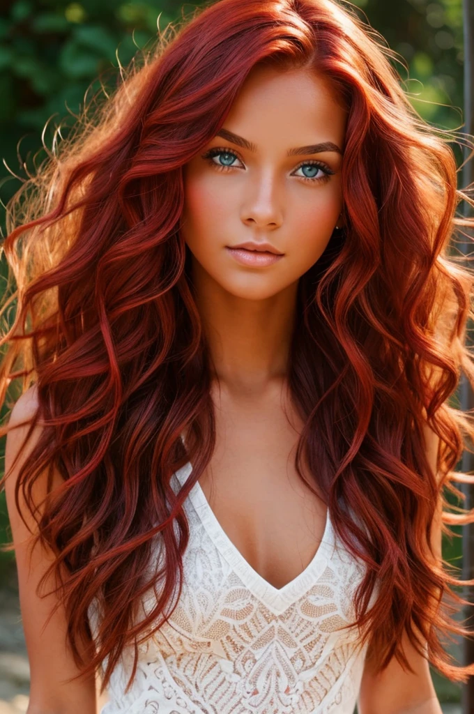 a beautiful young woman with tanned skin, long, wavy crimson-red hair and dark blue eyes