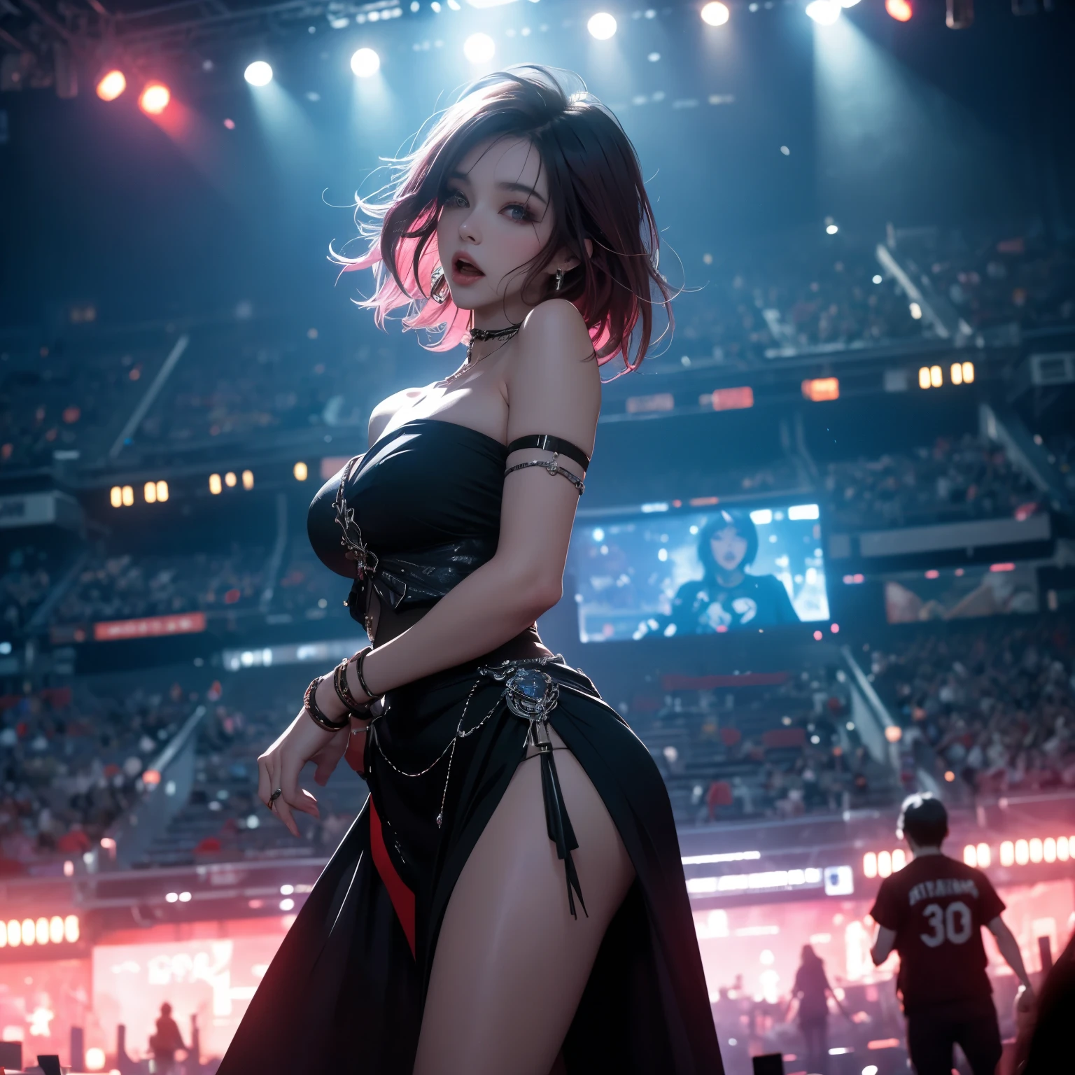 splash art, original art, 1 women, 4k, ((low pov, low shot, low angle, dynamic angle)), ((very dark environment)), hime cut hair, rock music conert, Super detailed, loud music,screaming fans,Huge speakers, Smoke and fog effects, huge concert stage, Powerful vocal performance,the stadium has a full crowd,thousands of fans,Roaring crowd, in a stage with large screen in the background showing the show. ((visual effect)), dark environment with neon lighting, neon, big stadium concert venue, singer, rockstar, concert, beautiful lighting effect, sexy, (((seductive))), ultra detailed, red medium hair, sexy black dress, strapless tube top dress, beutiful pose, cinematic, action.