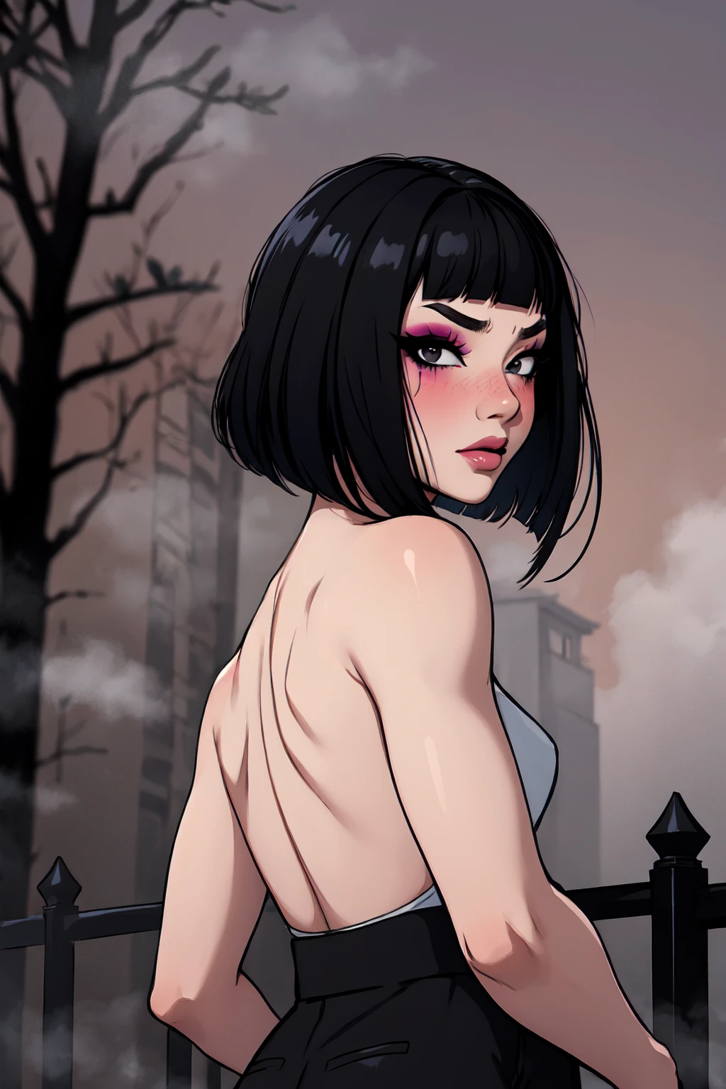 1girl, FengMin, solo, skinny, black eyes, asian eyes, eyeliner, looking at viewer, lips, black bob cut, blunt bangs, blush, standing, upper body, face focus, outdoors, horror \(theme\), night, fog egirlmakeup, backwards, looking back