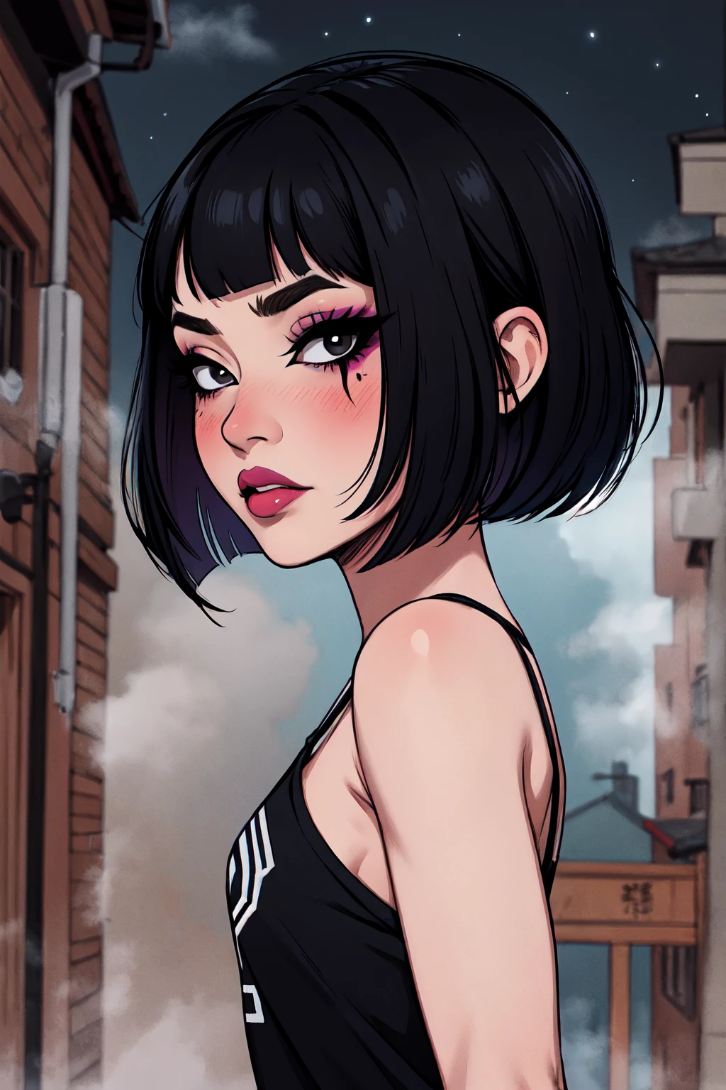 1girl, FengMin, solo, skinny, black eyes, asian eyes, eyeliner, looking at viewer, lips, black bob cut, blunt bangs, blush, standing, upper body, face focus, outdoors, horror \(theme\), night, fog egirlmakeup, backwards, looking back