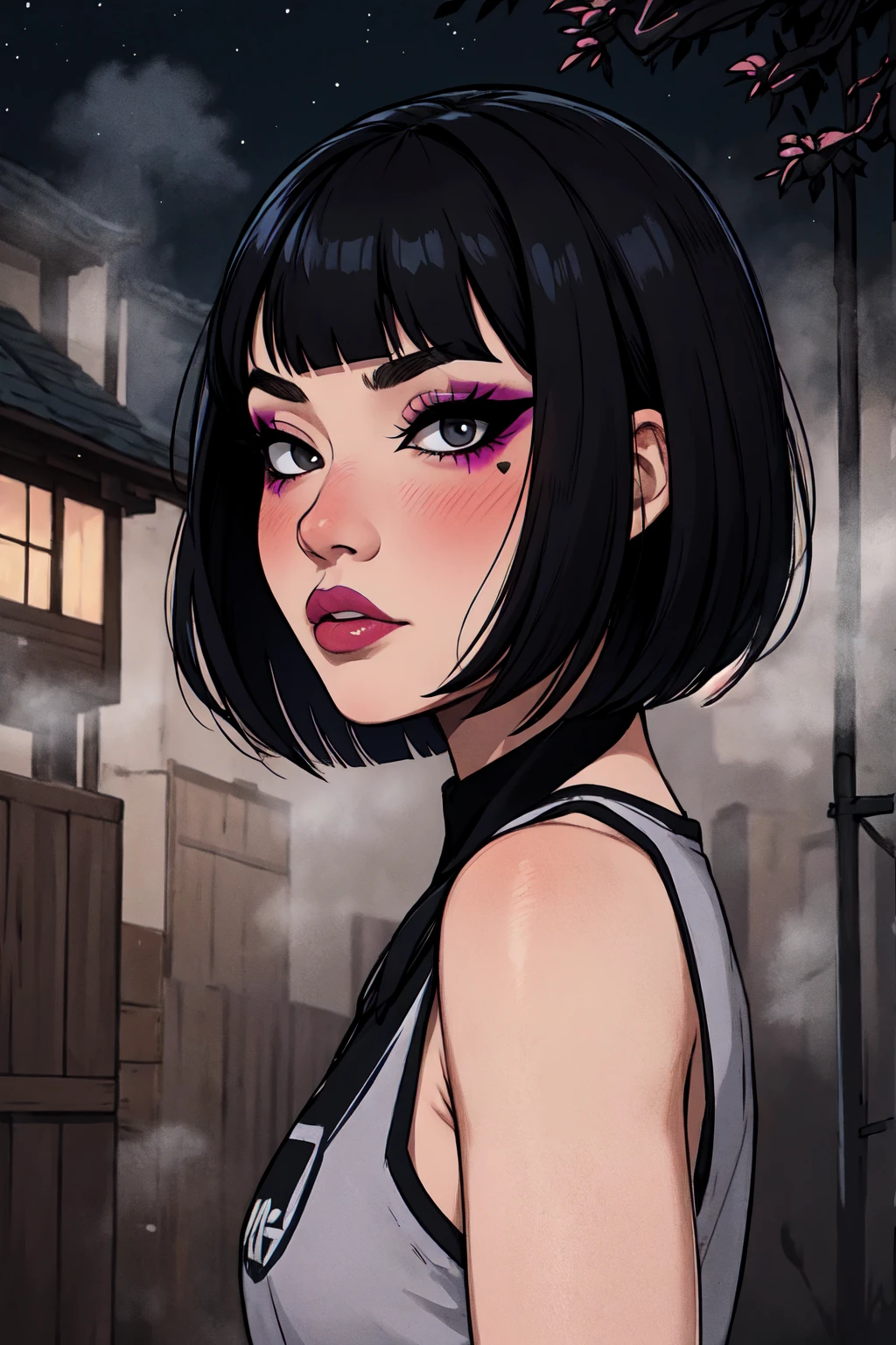 1girl, FengMin, solo, skinny, black eyes, asian eyes, eyeliner, looking at viewer, lips, black bob cut, blunt bangs, blush, standing, upper body, face focus, outdoors, horror \(theme\), night, fog egirlmakeup, backwards, looking back