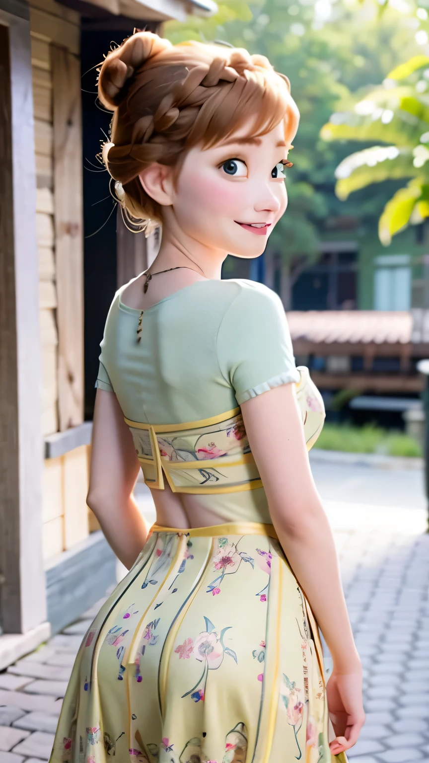 A high-resolution, photorealistic image of Anna from Disney's Frozen. She is depicted as a beautiful woman with a happy expression. She has a model-like figure and is wearing a yellow dress with a floral print, emphasizing her attractive, large buttocks. Her hair is styled in black double buns, and she is wearing a necklace. She is posing in a way that highlights her alluring backside. The setting is a simple studio with soft natural lighting, and the image is artistically and delicately rendered with realistic, smooth skin texture. Anna is looking at the camera with a slightly embarrassed expression.
